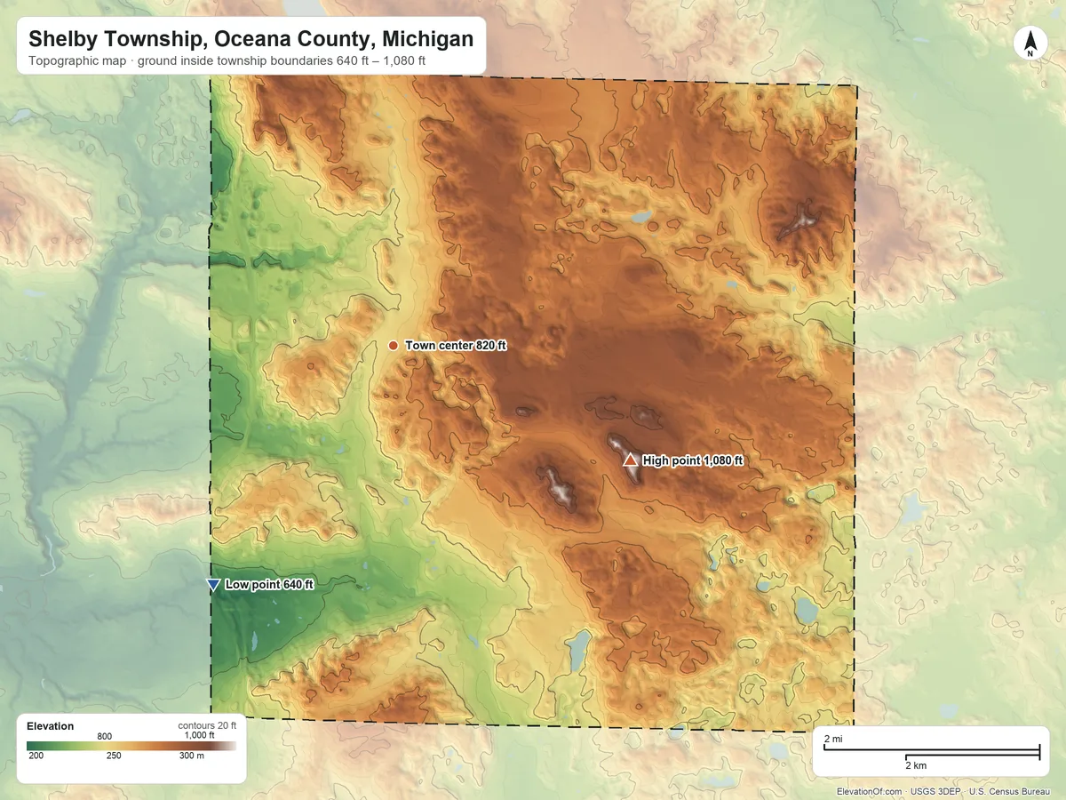 Topographic elevation map of Shelby Township, Oceana County, Michigan, shaded from 640 ft on the southwest side to 1,080 ft on the southeast side