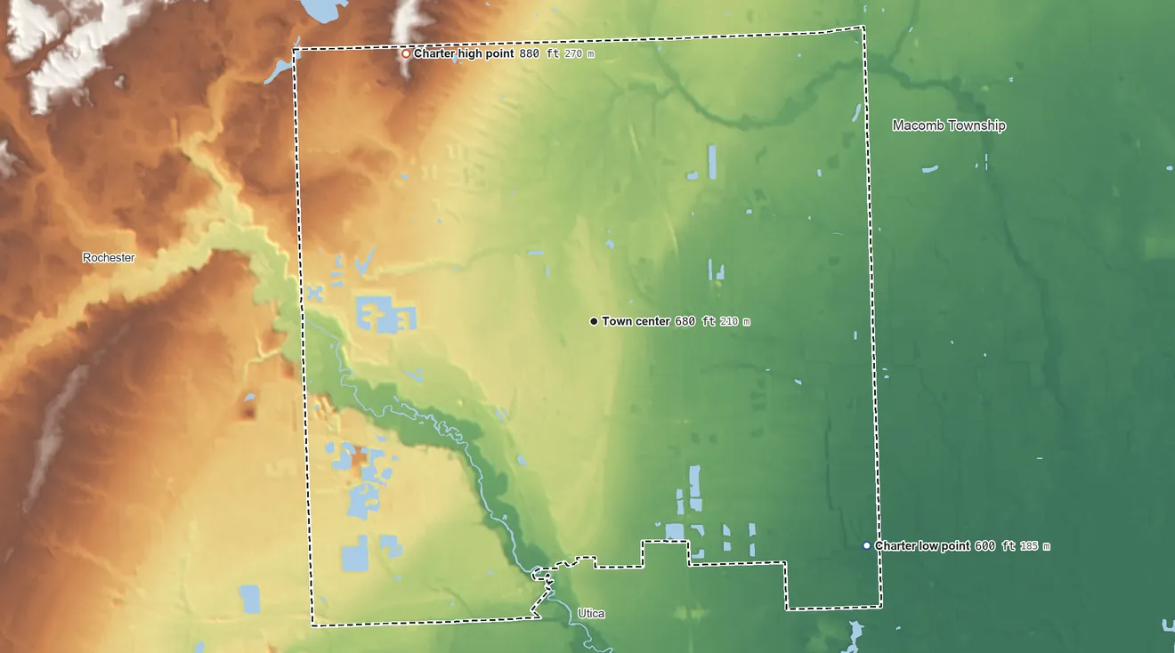 Topographic elevation map of Shelby Township, Michigan, shaded from 600 ft on the southeast side to 880 ft on the northwest side