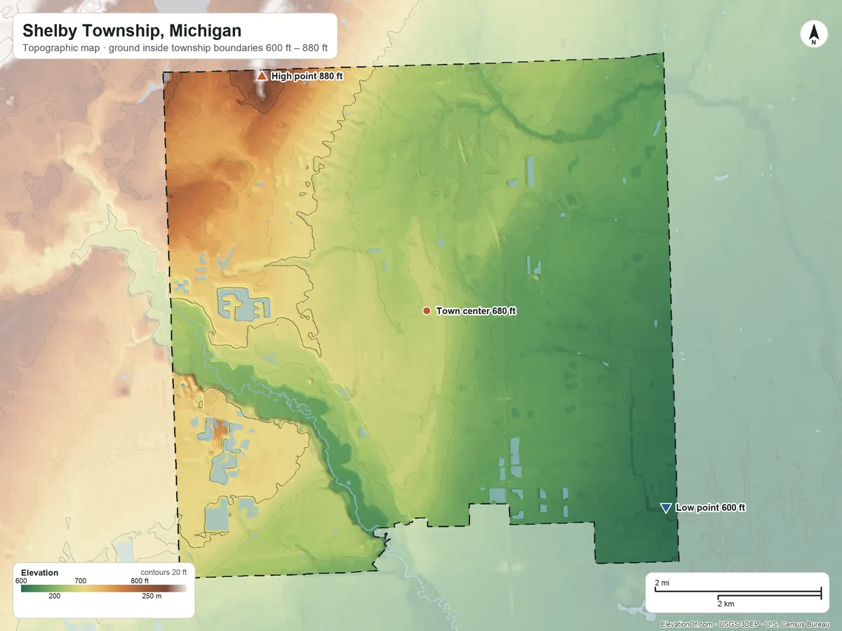 Topographic elevation map of Shelby Township, Michigan, shaded from 600 ft on the southeast side to 880 ft on the northwest side