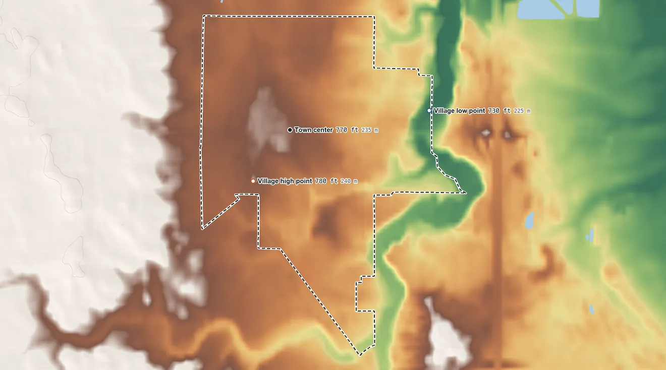 Topographic elevation map of Shepherd, Michigan, shaded from 730 ft on the east side to 780 ft on the southwest side