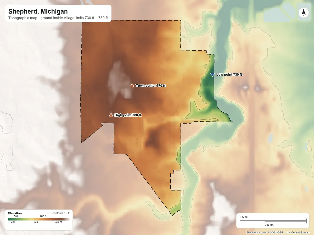 Topographic elevation map of Shepherd, Michigan, shaded from 730 ft on the east side to 780 ft on the southwest side