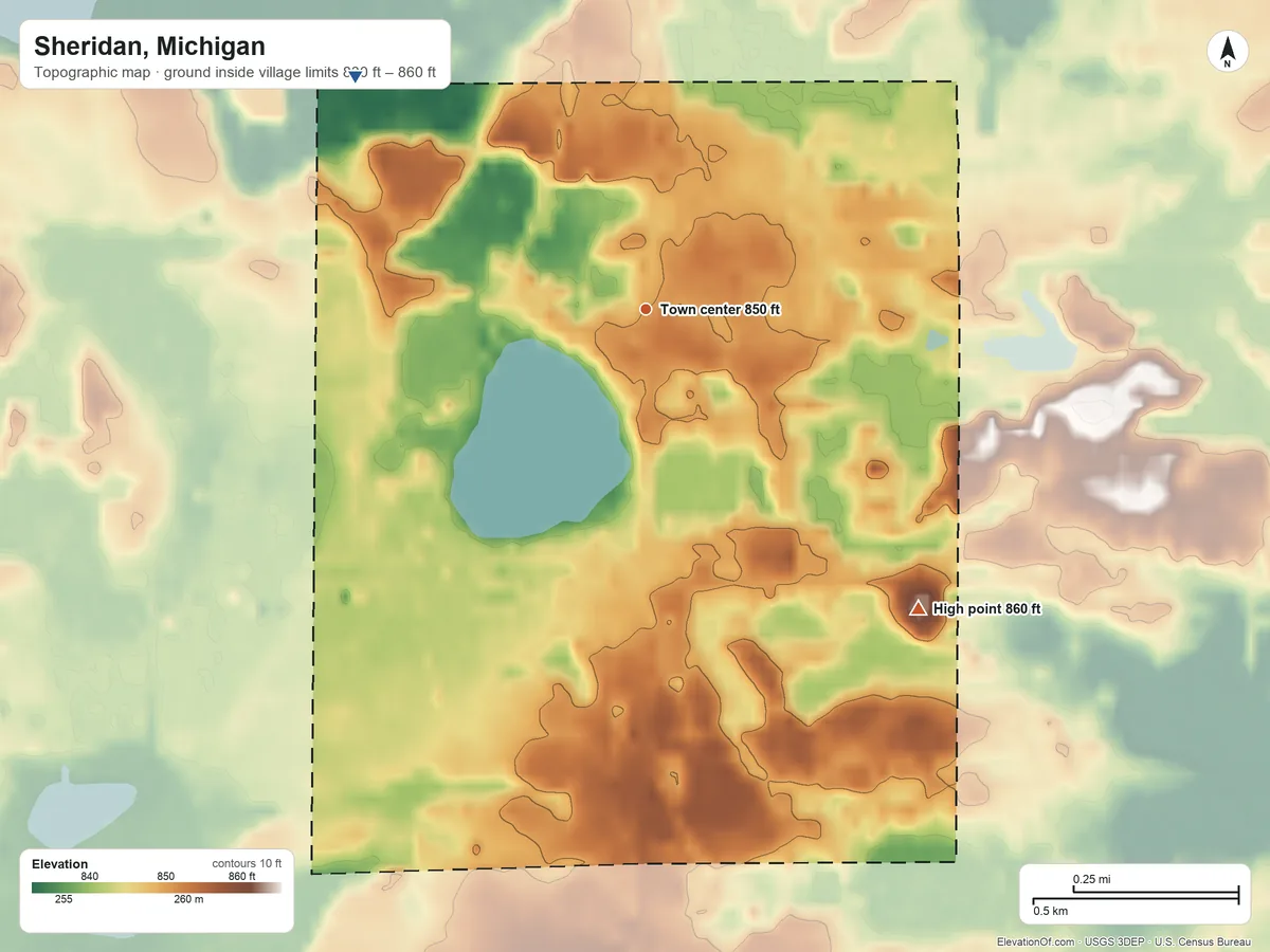 Topographic elevation map of Sheridan, Michigan, shaded from 830 ft on the northwest side to 860 ft on the southeast side