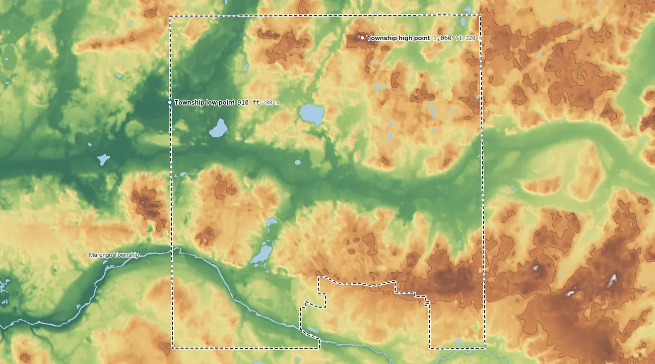 Topographic elevation map of Sheridan Township, Calhoun County, Michigan, shaded from 910 ft on the northwest side to 1,060 ft on the north side