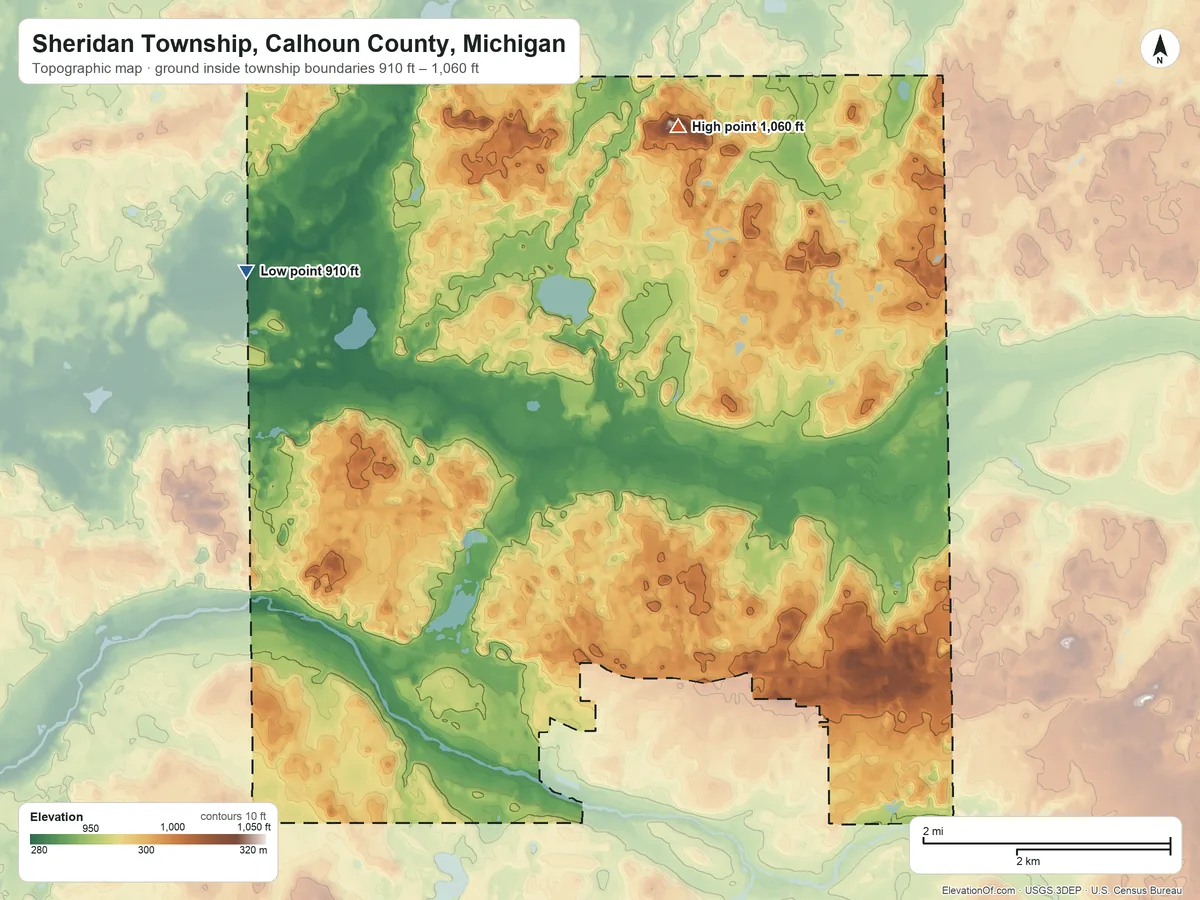 Topographic elevation map of Sheridan Township, Calhoun County, Michigan, shaded from 910 ft on the northwest side to 1,060 ft on the north side