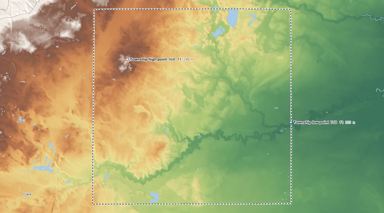 Topographic elevation map of Sheridan Township, Clare County, Michigan, shaded from 740 ft on the east side to 960 ft on the northwest side