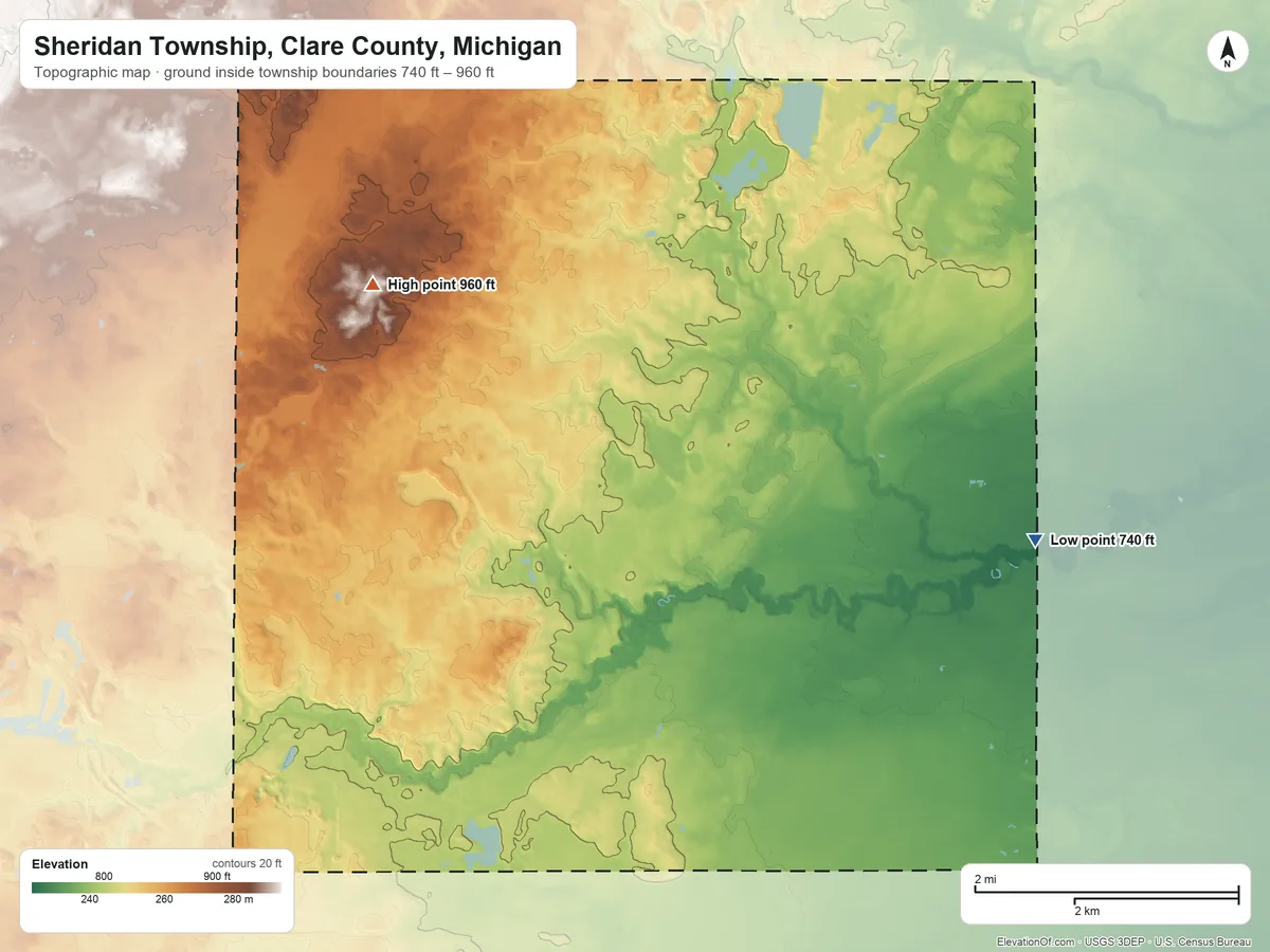 Topographic elevation map of Sheridan Township, Clare County, Michigan, shaded from 740 ft on the east side to 960 ft on the northwest side