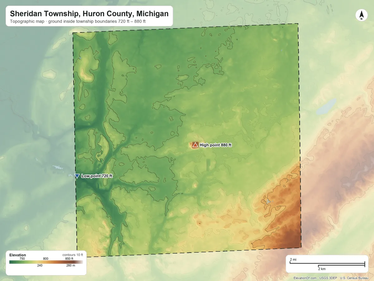 Topographic elevation map of Sheridan Township, Huron County, Michigan, shaded from 720 ft on the southwest side to 880 ft on the southeast side
