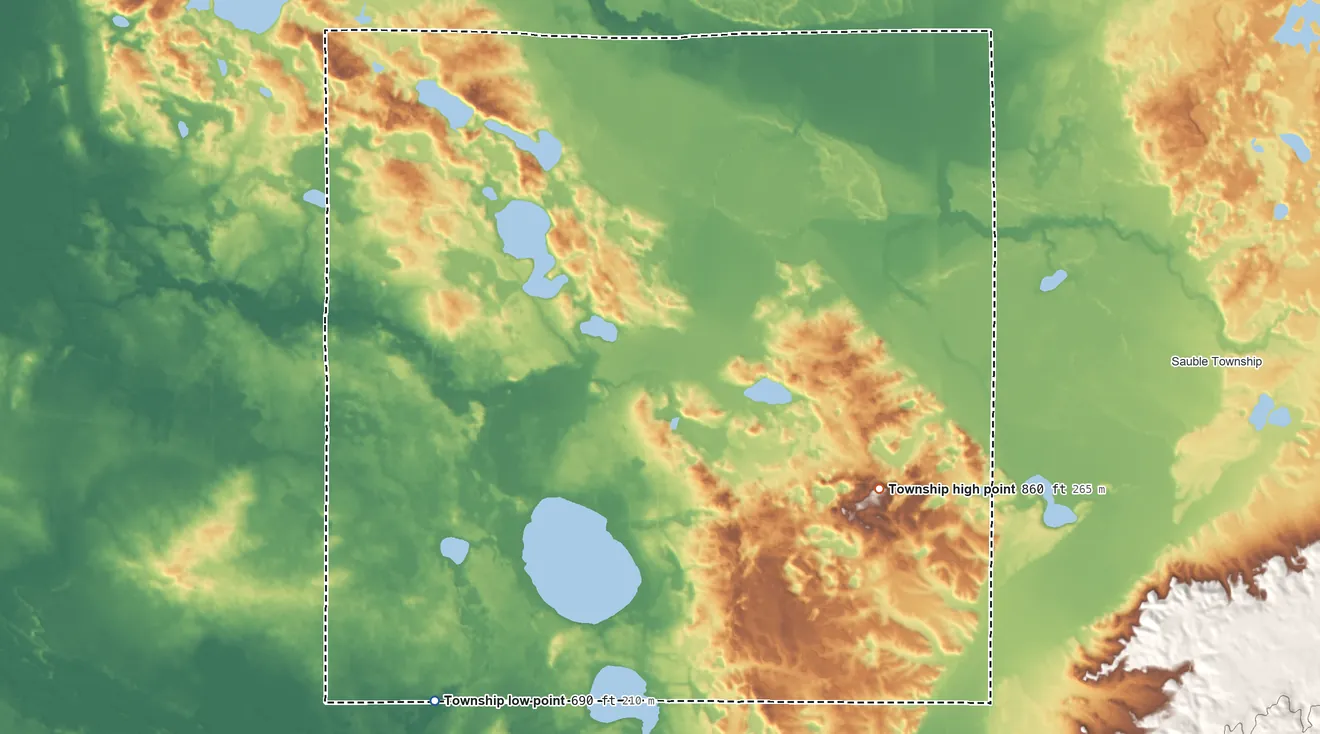 Topographic elevation map of Sheridan Township, Mason County, Michigan, shaded from 690 ft on the southwest side to 860 ft on the east side