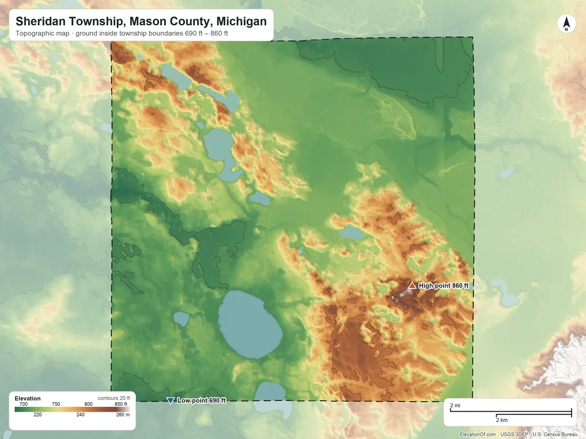 Topographic elevation map of Sheridan Township, Mason County, Michigan, shaded from 690 ft on the southwest side to 860 ft on the east side