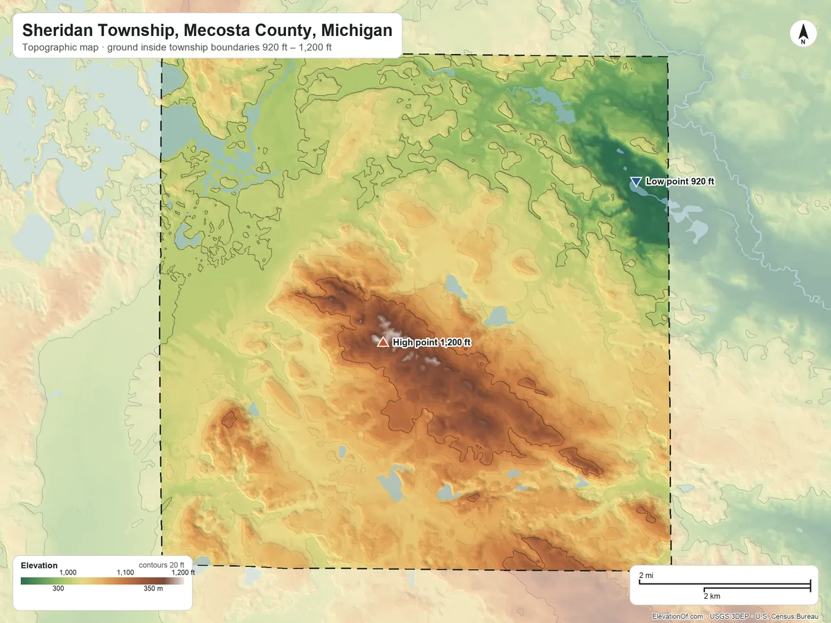 Topographic elevation map of Sheridan Township, Mecosta County, Michigan, shaded from 920 ft on the east side to 1,200 ft near the middle
