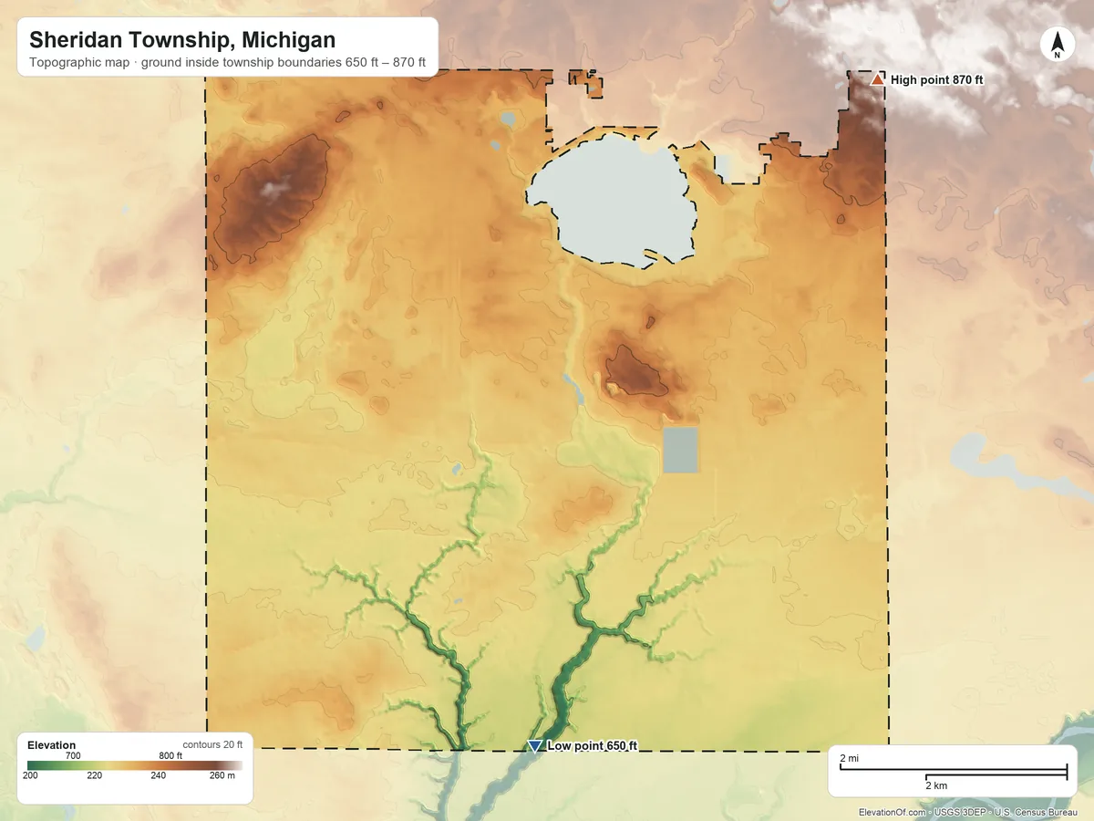 Topographic elevation map of Sheridan Township, Michigan, shaded from 650 ft on the south side to 870 ft on the northeast side