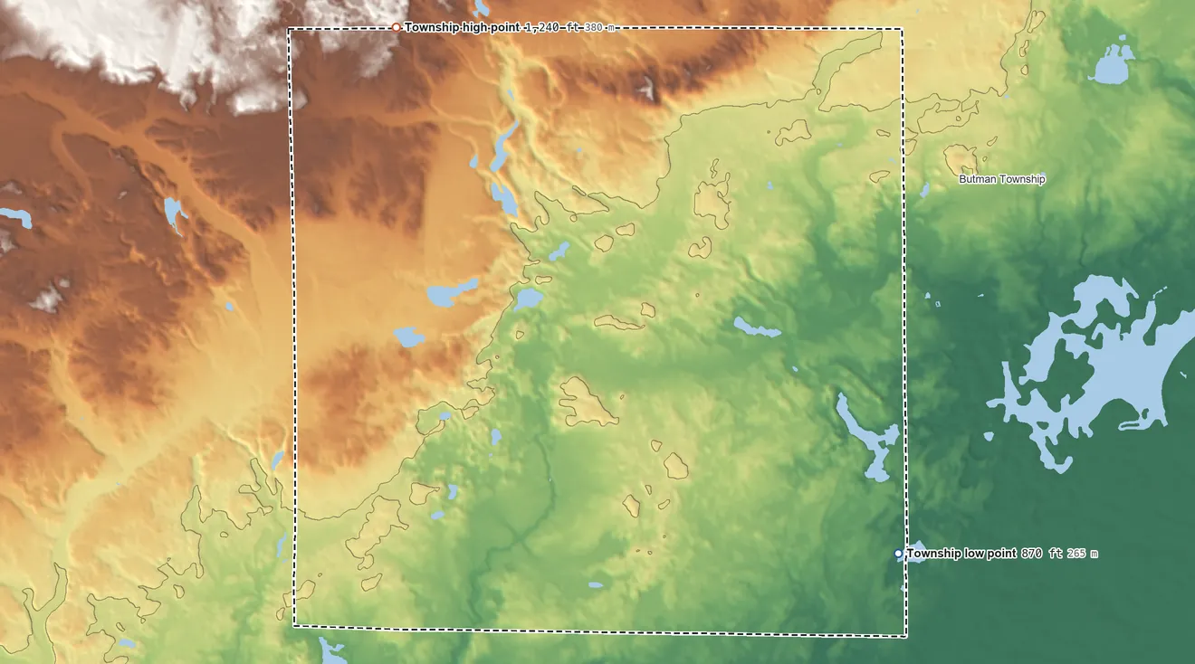Topographic elevation map of Sherman Township, Gladwin County, Michigan, shaded from 870 ft on the east side to 1,240 ft on the northwest side