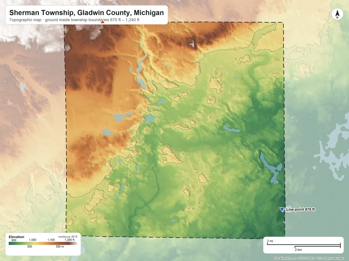 Topographic elevation map of Sherman Township, Gladwin County, Michigan, shaded from 870 ft on the east side to 1,240 ft on the northwest side