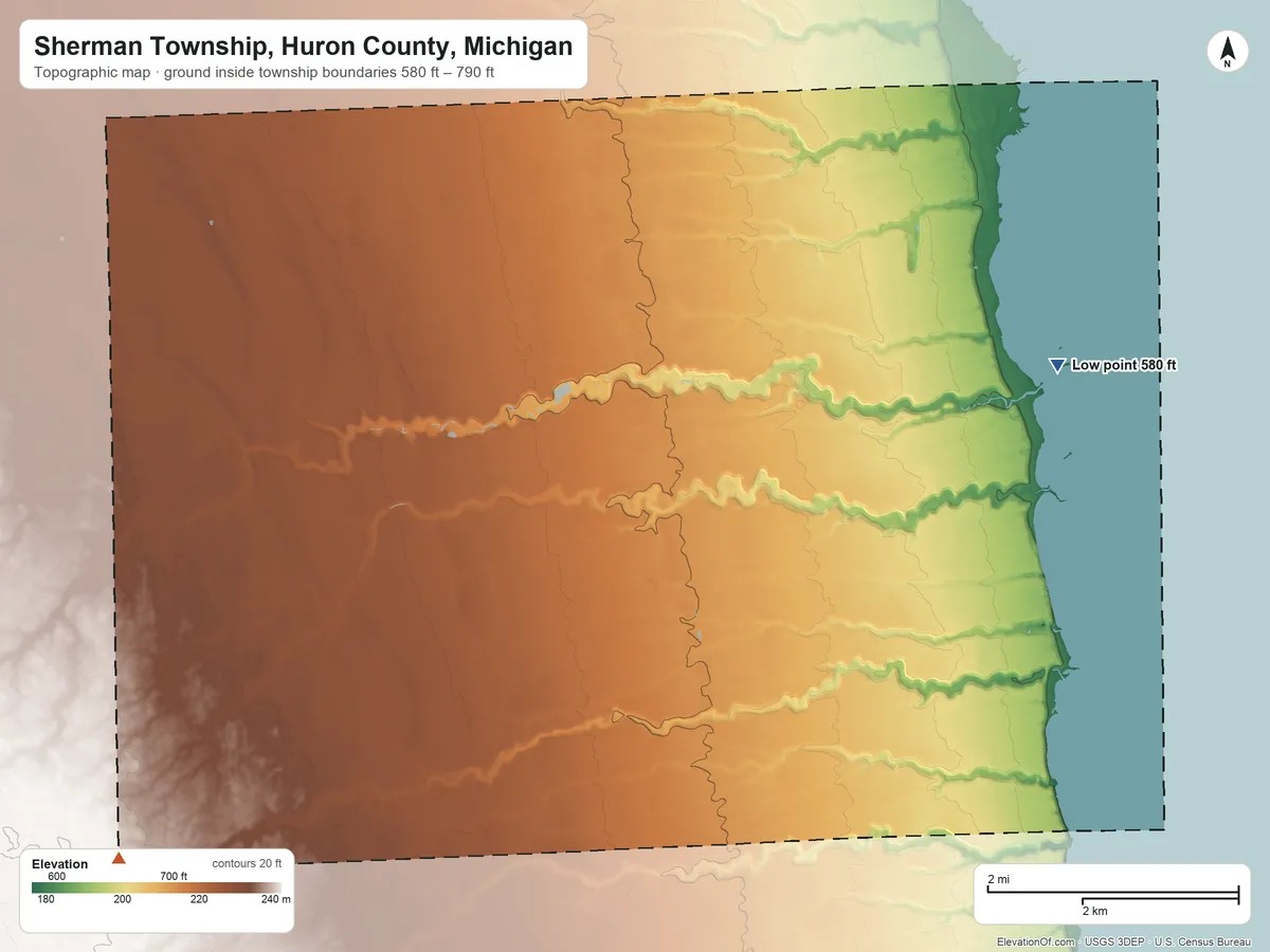 Topographic elevation map of Sherman Township, Huron County, Michigan, shaded from 580 ft on the east side to 790 ft on the southwest side
