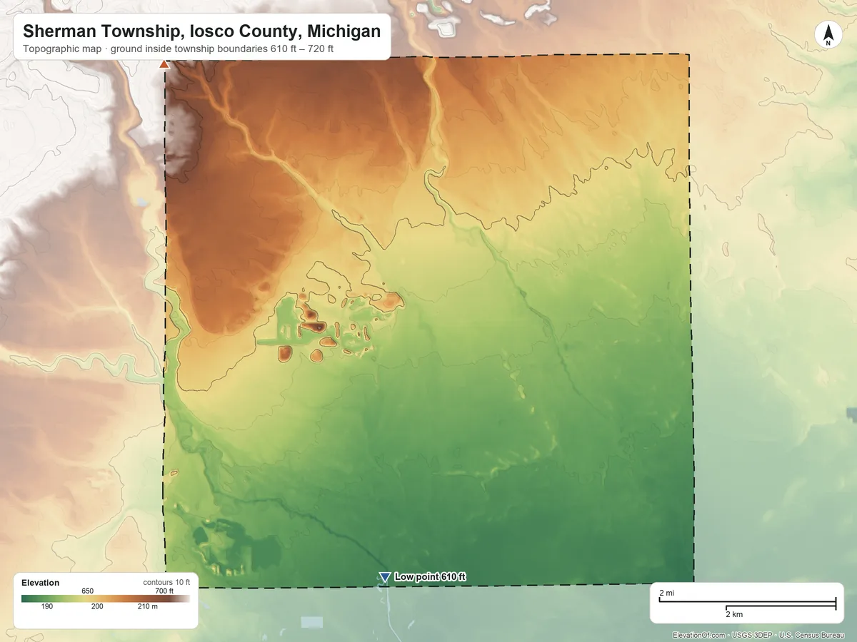 Topographic elevation map of Sherman Township, Iosco County, Michigan, shaded from 610 ft on the south side to 720 ft on the northwest side
