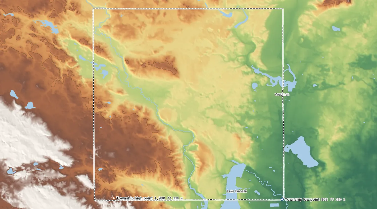 Topographic elevation map of Sherman Township, Isabella County, Michigan, shaded from 860 ft on the southeast side to 1,080 ft on the southwest side