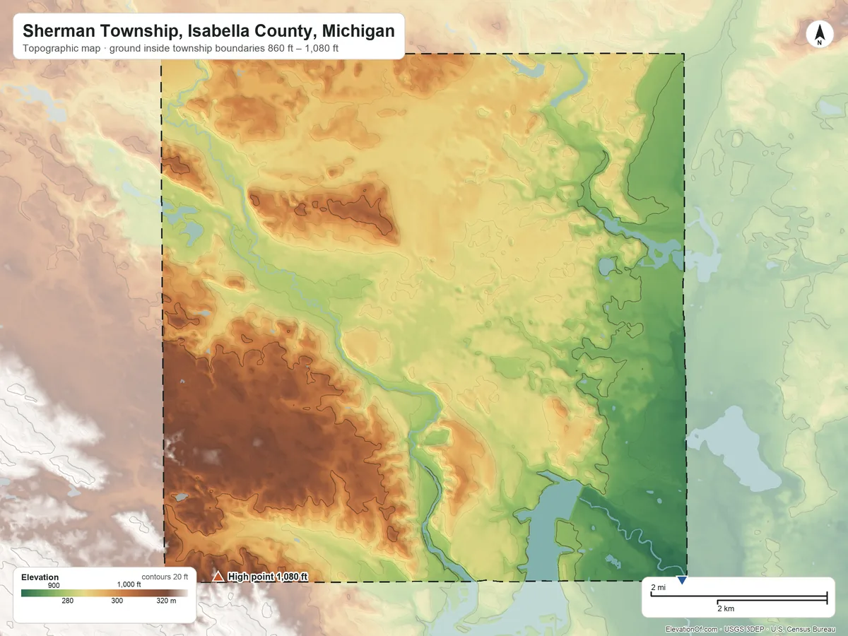 Topographic elevation map of Sherman Township, Isabella County, Michigan, shaded from 860 ft on the southeast side to 1,080 ft on the southwest side