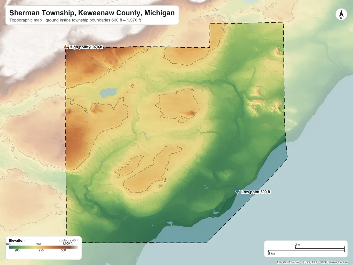 Topographic elevation map of Sherman Township, Keweenaw County, Michigan, shaded from 600 ft near the middle to 1,070 ft on the northwest side