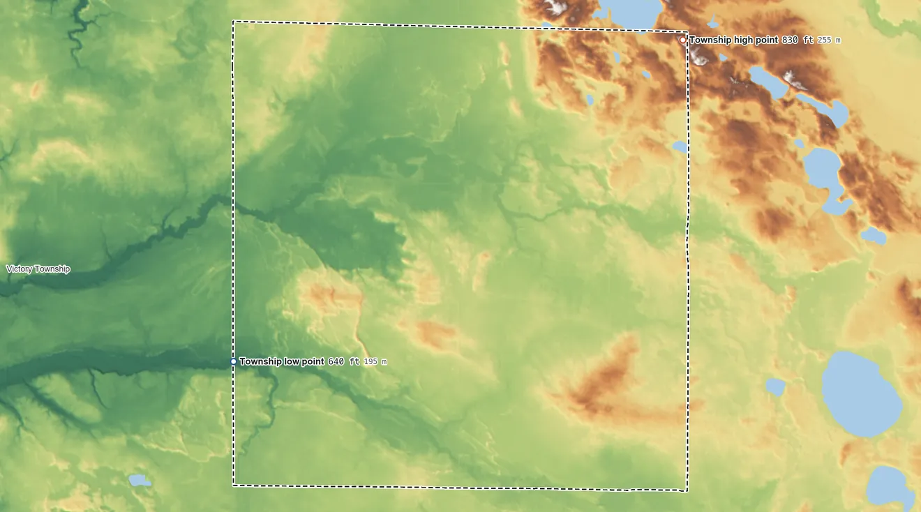 Topographic elevation map of Sherman Township, Mason County, Michigan, shaded from 640 ft on the west side to 830 ft on the northeast side