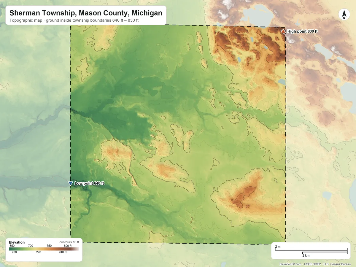 Topographic elevation map of Sherman Township, Mason County, Michigan, shaded from 640 ft on the west side to 830 ft on the northeast side