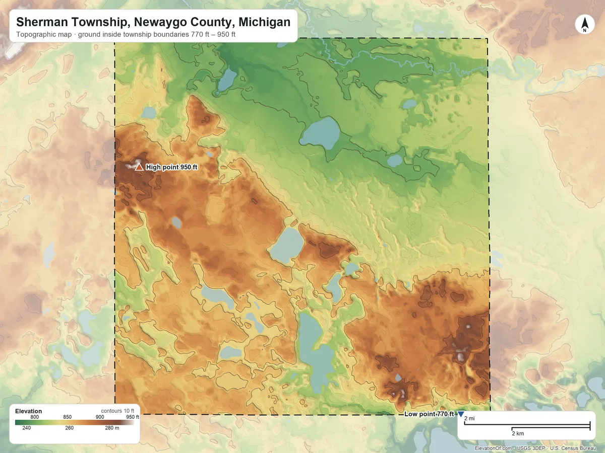 Topographic elevation map of Sherman Township, Newaygo County, Michigan, shaded from 770 ft on the southeast side to 950 ft on the northwest side