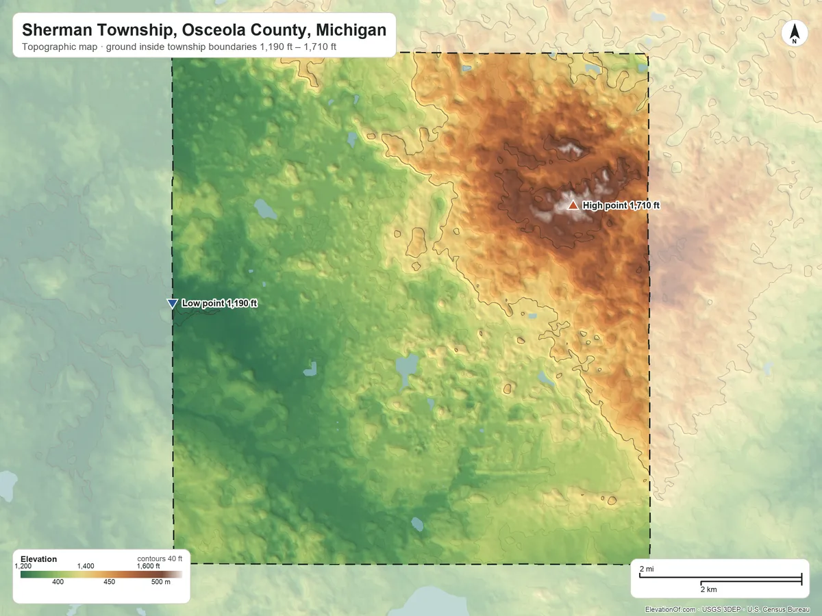 Topographic elevation map of Sherman Township, Osceola County, Michigan, shaded from 1,190 ft on the west side to 1,710 ft on the northeast side