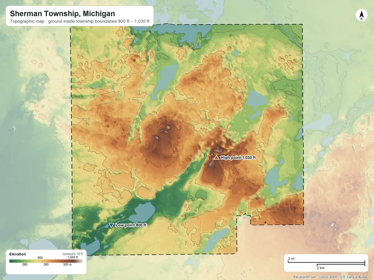 Topographic elevation map of Sherman Township, Michigan, shaded from 800 ft on the southwest side to 1,030 ft near the middle