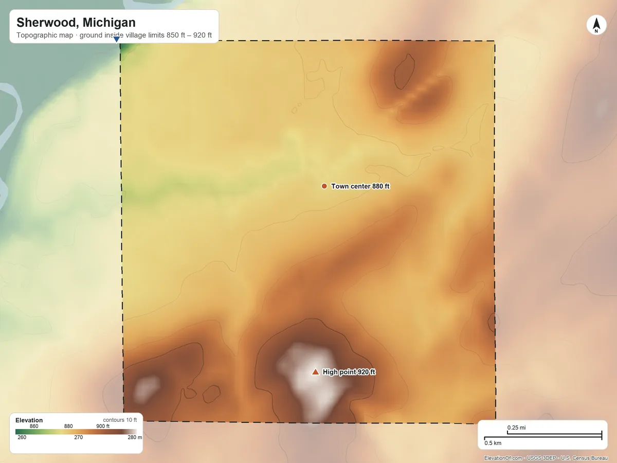 Topographic elevation map of Sherwood, Michigan, shaded from 850 ft on the northwest side to 920 ft on the south side