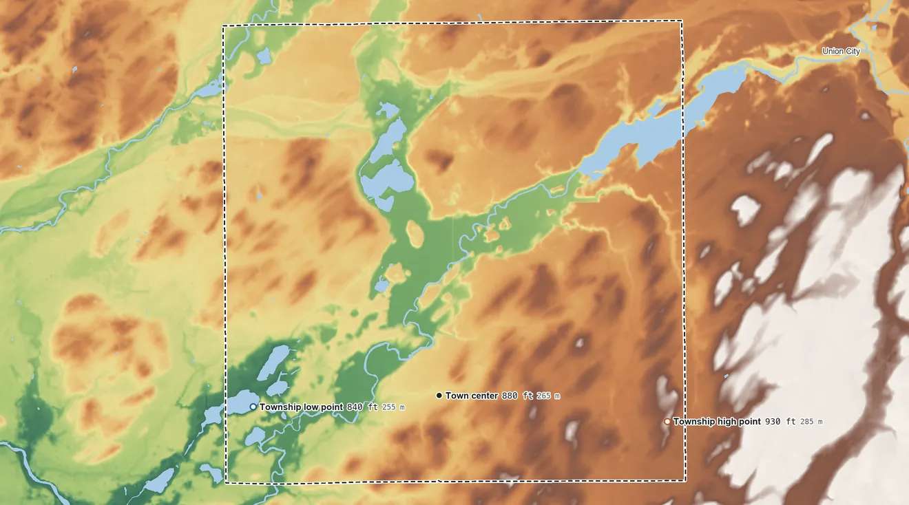 Topographic elevation map of Sherwood Township, Michigan, shaded from 840 ft on the west side to 930 ft on the east side