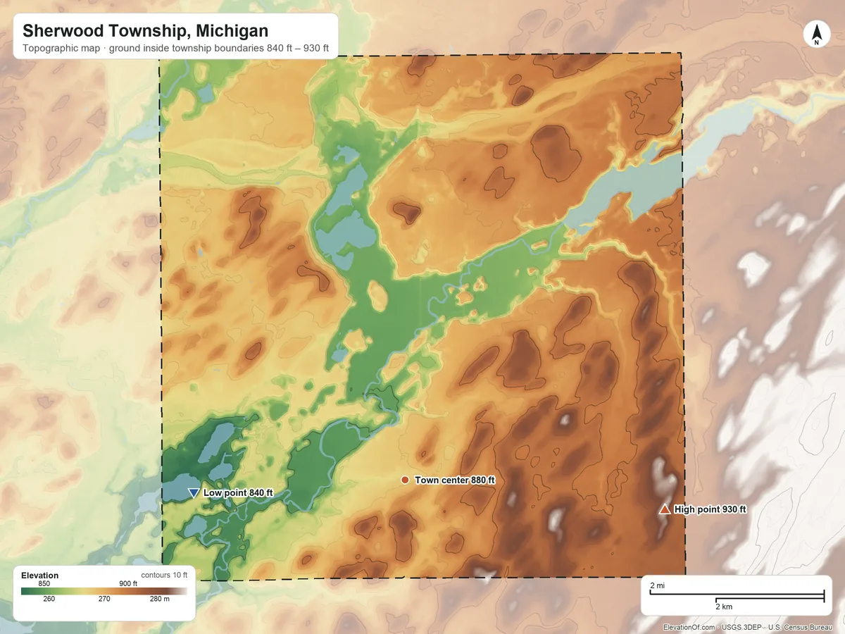 Topographic elevation map of Sherwood Township, Michigan, shaded from 840 ft on the west side to 930 ft on the east side