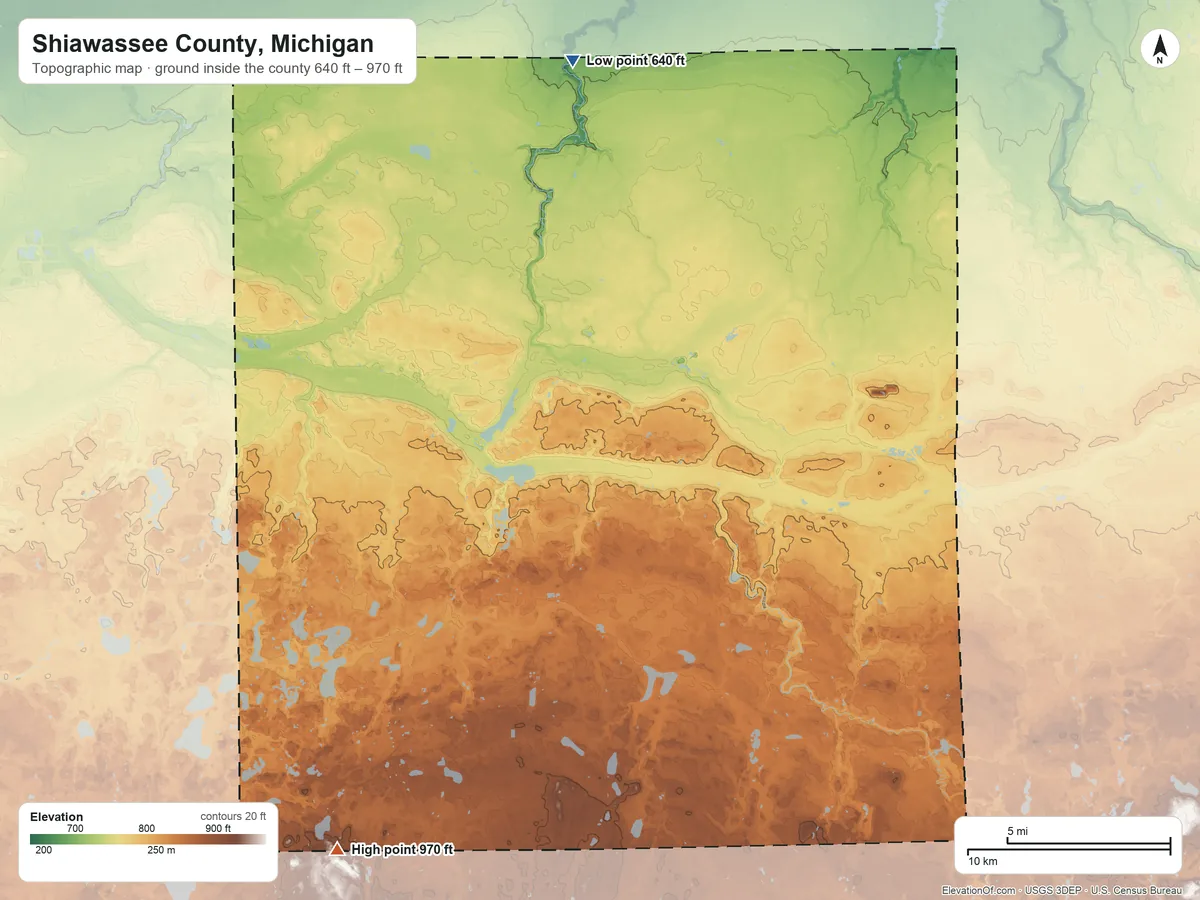 Topographic elevation map of Shiawassee County, Michigan, shaded from 640 ft on the north side to 970 ft on the southwest side