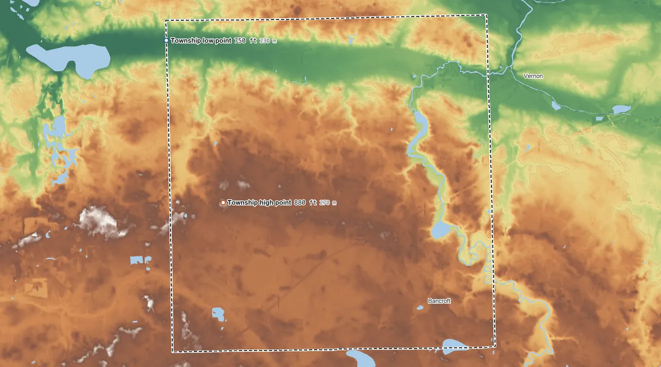 Topographic elevation map of Shiawassee Township, Michigan, shaded from 750 ft on the northwest side to 880 ft on the west side