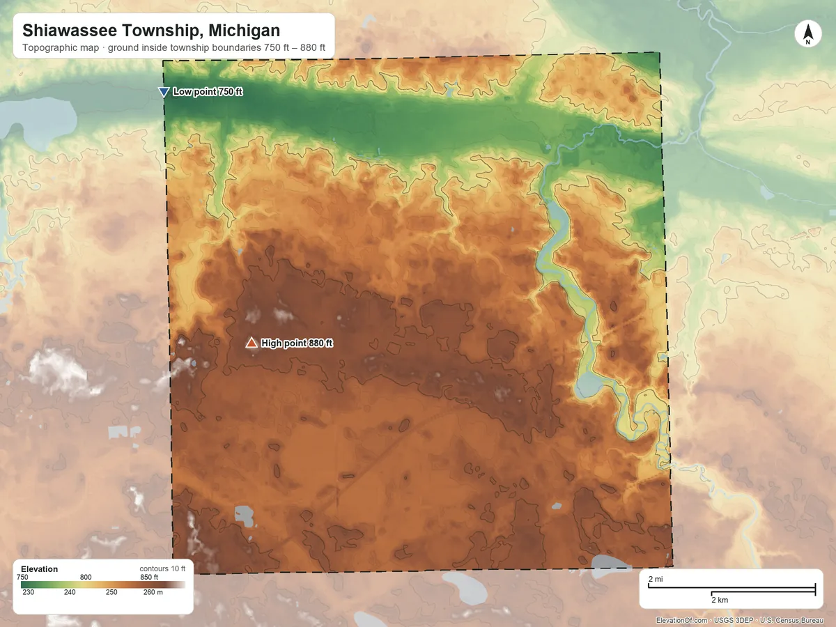 Topographic elevation map of Shiawassee Township, Michigan, shaded from 750 ft on the northwest side to 880 ft on the west side