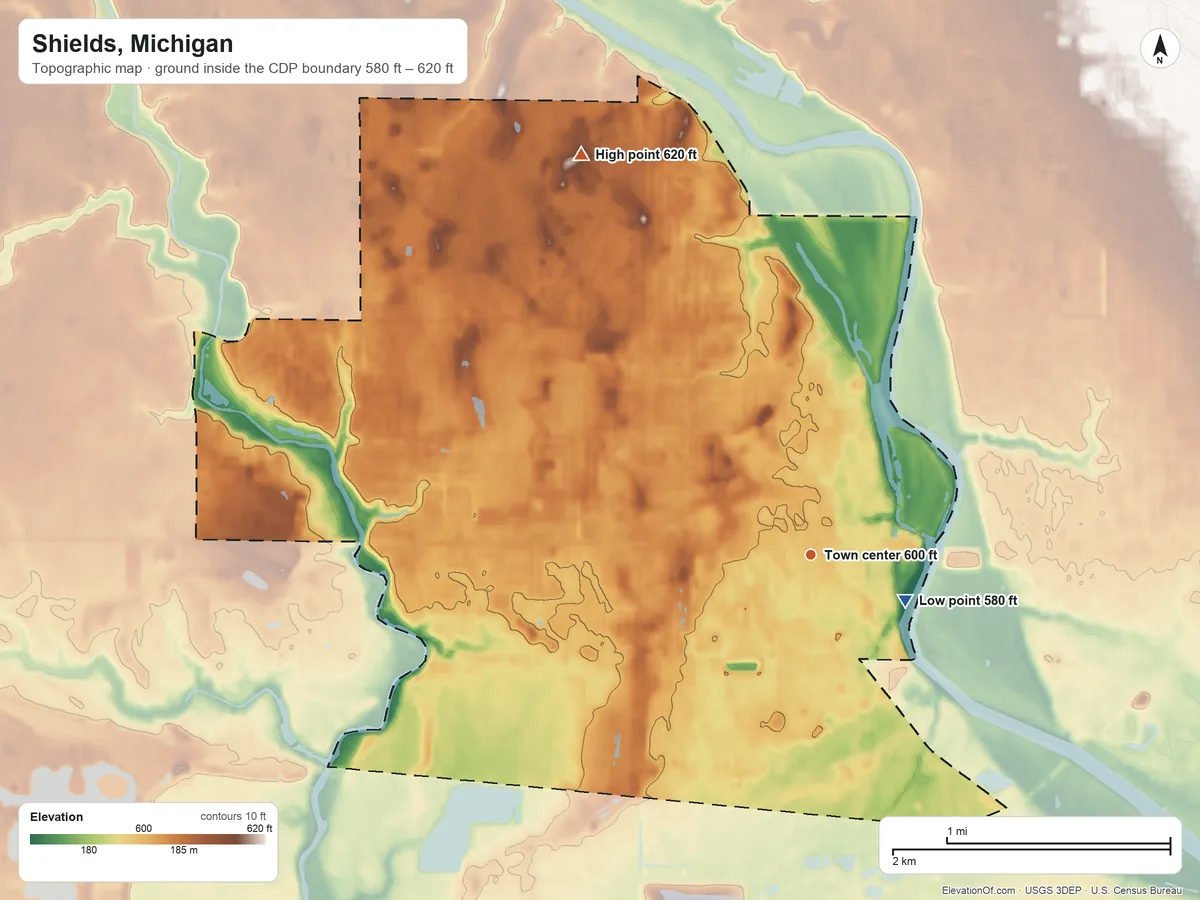 Topographic elevation map of Shields, Michigan, shaded from 580 ft near the middle to 620 ft on the northwest side