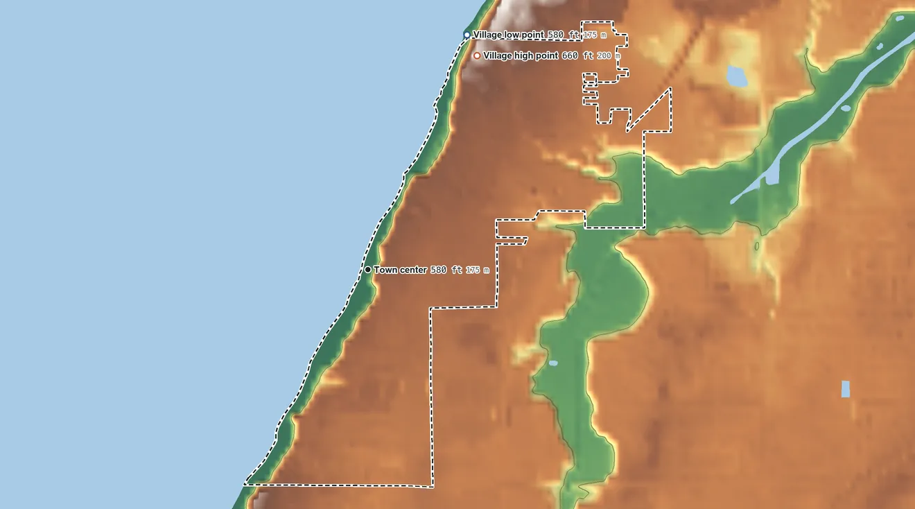 Topographic elevation map of Shoreham, Michigan, shaded from 580 ft on the northeast side to 660 ft on the northeast side