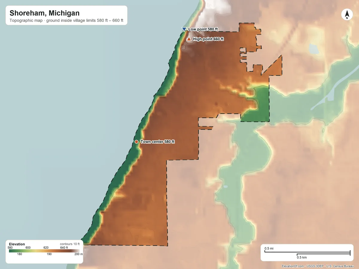 Topographic elevation map of Shoreham, Michigan, shaded from 580 ft on the northeast side to 660 ft on the northeast side