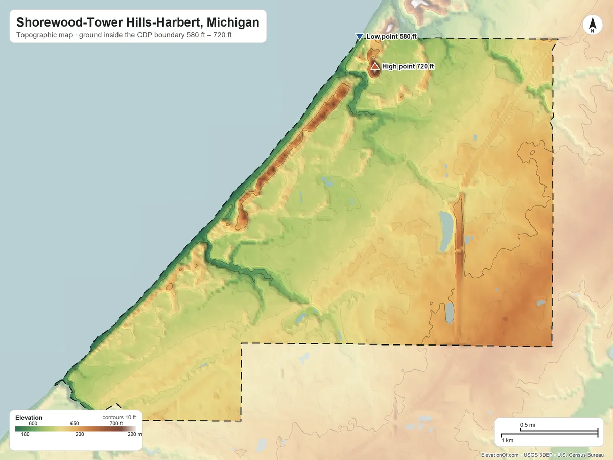Topographic elevation map of Shorewood-Tower Hills-Harbert, Michigan, shaded from 580 ft on the north side to 720 ft on the north side
