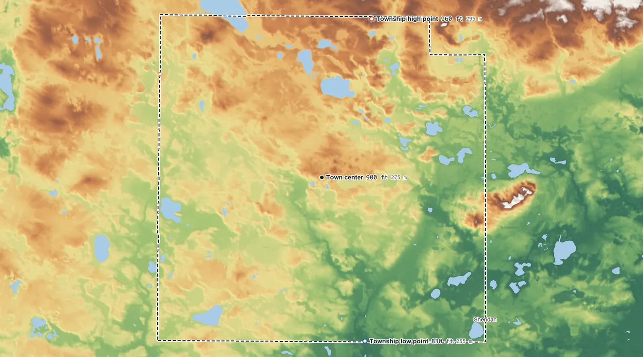 Topographic elevation map of Sidney Township, Michigan, shaded from 830 ft on the south side to 960 ft on the north side