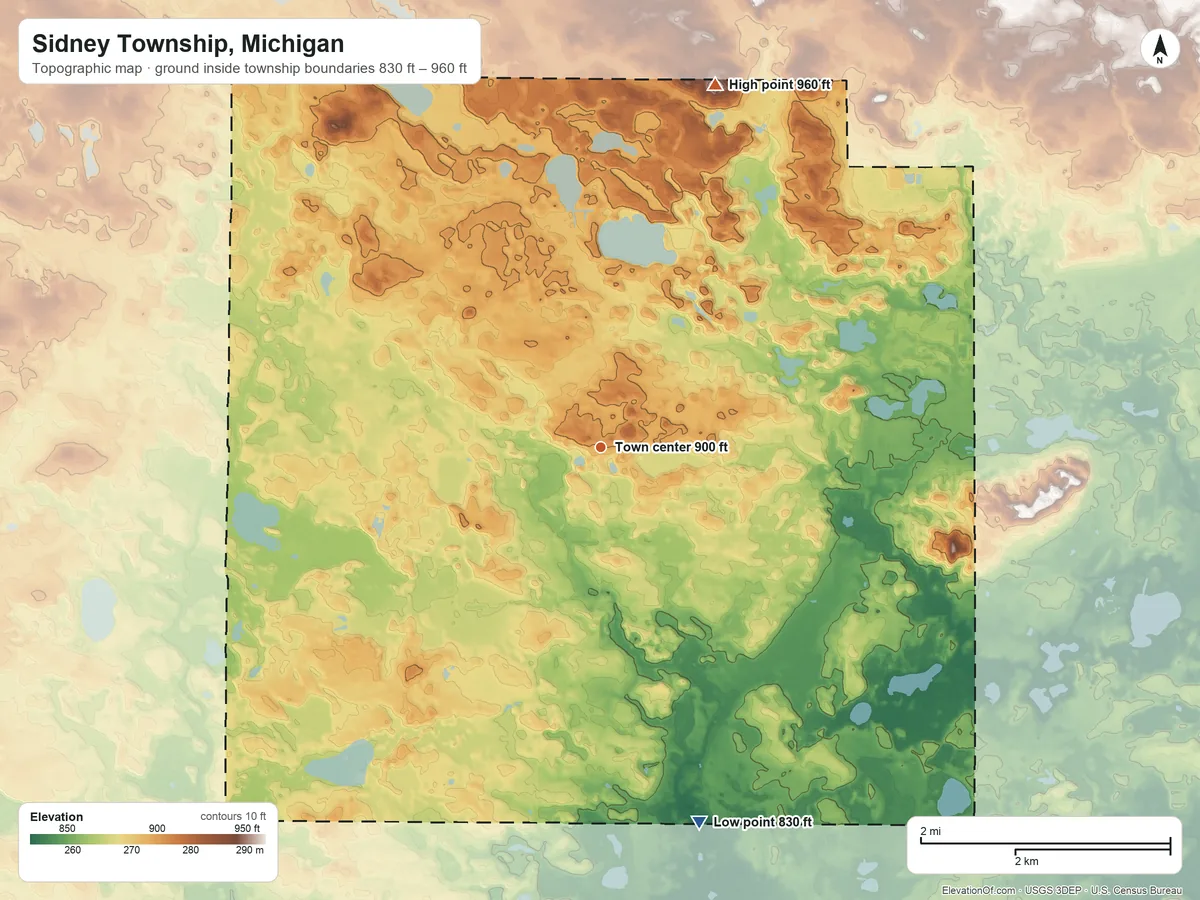 Topographic elevation map of Sidney Township, Michigan, shaded from 830 ft on the south side to 960 ft on the north side