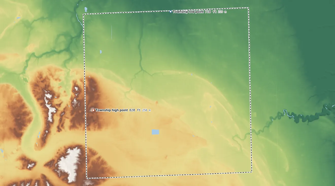 Topographic elevation map of Sigel Township, Michigan, shaded from 710 ft on the north side to 820 ft on the west side