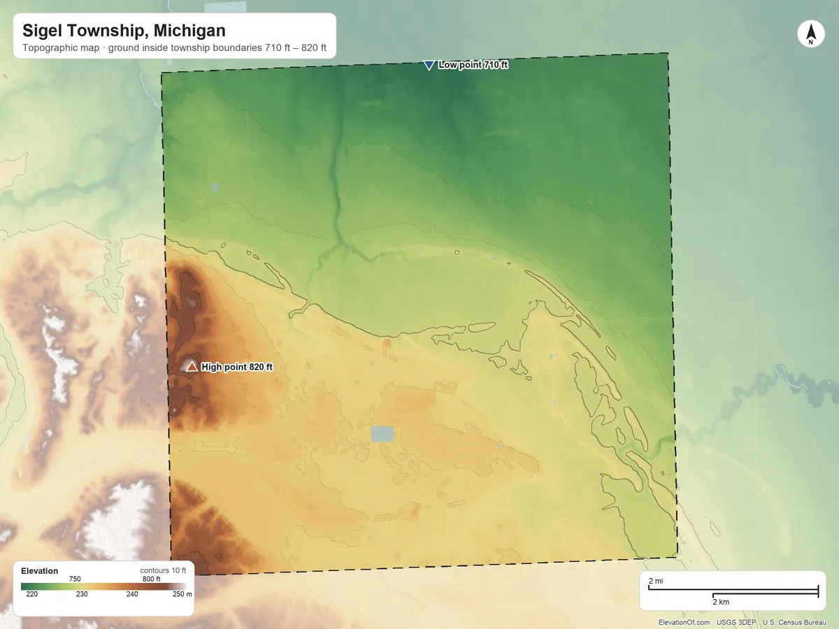 Topographic elevation map of Sigel Township, Michigan, shaded from 710 ft on the north side to 820 ft on the west side