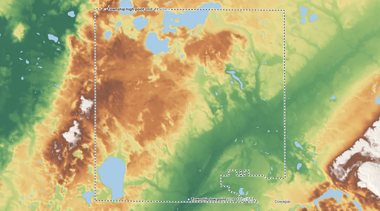 Topographic elevation map of Silver Creek Township, Michigan, shaded from 710 ft on the south side to 860 ft on the northwest side