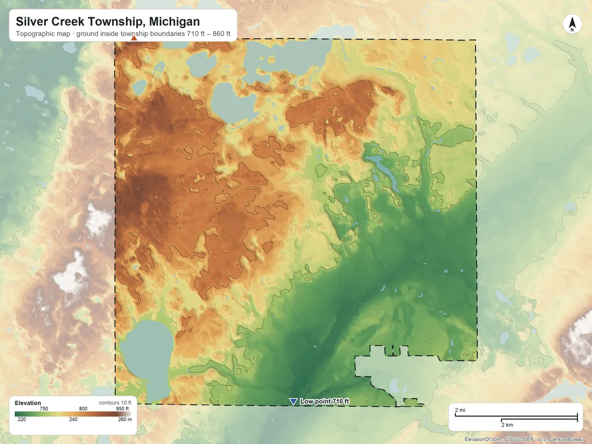 Topographic elevation map of Silver Creek Township, Michigan, shaded from 710 ft on the south side to 860 ft on the northwest side