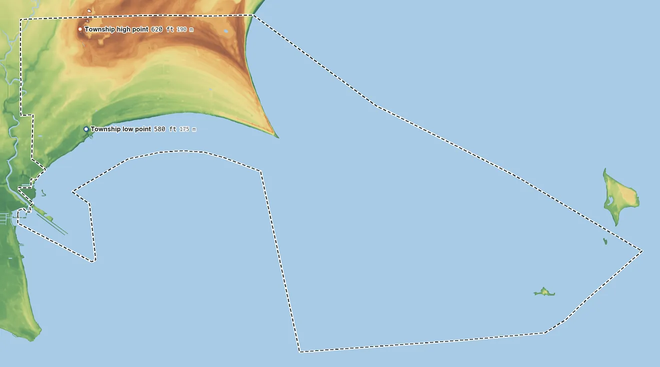 Topographic elevation map of Sims Township, Michigan, shaded from 580 ft on the west side to 620 ft on the northwest side