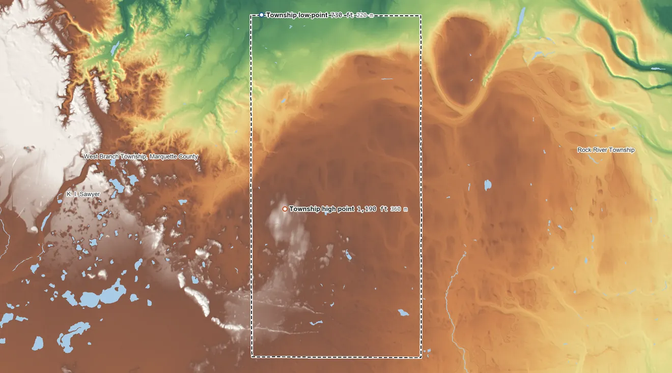 Topographic elevation map of Skandia Township, Michigan, shaded from 730 ft on the north side to 1,190 ft on the southwest side