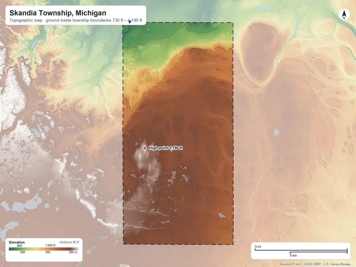 Topographic elevation map of Skandia Township, Michigan, shaded from 730 ft on the north side to 1,190 ft on the southwest side