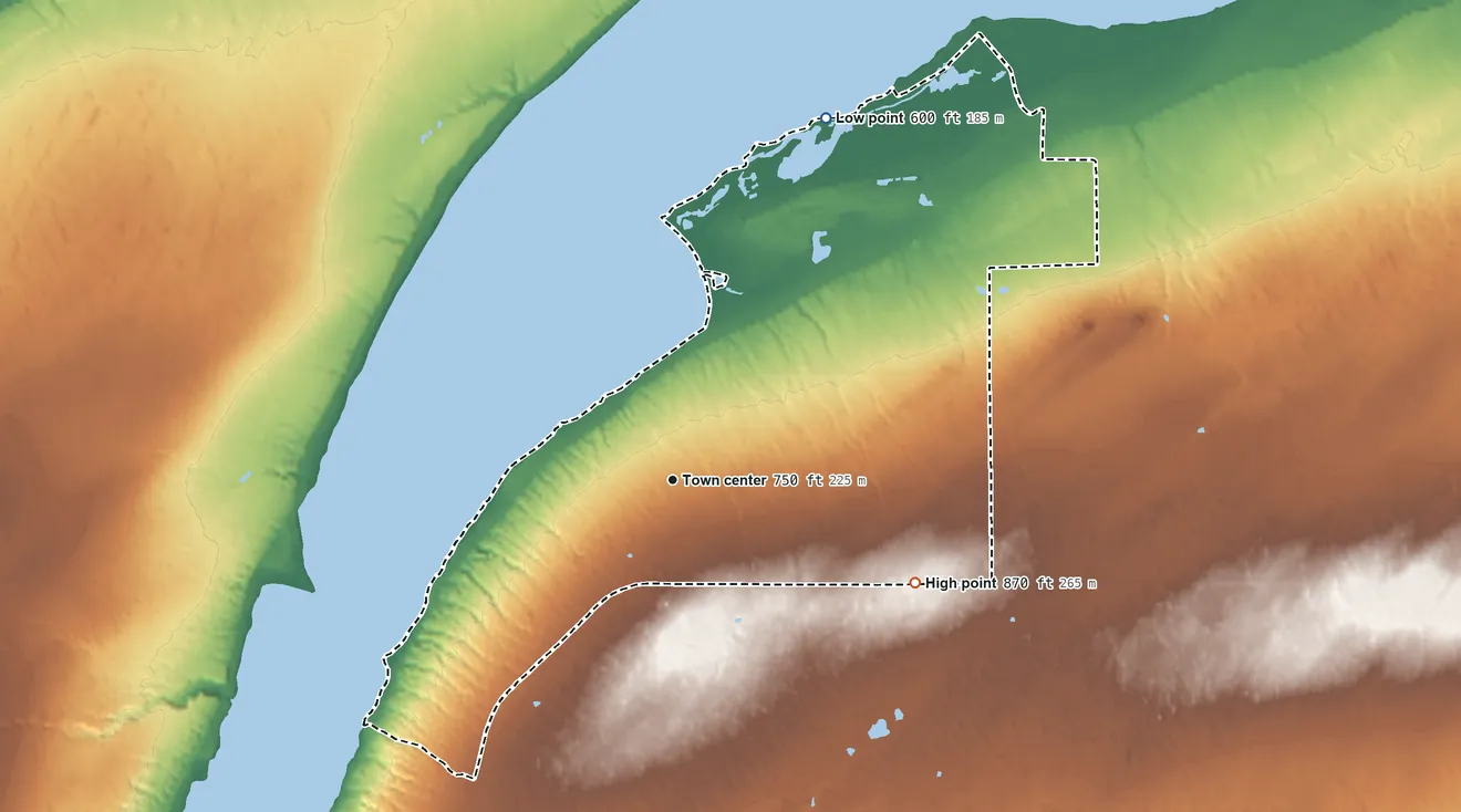 Topographic elevation map of Skanee, Michigan, shaded from 600 ft on the northeast side to 870 ft on the southeast side