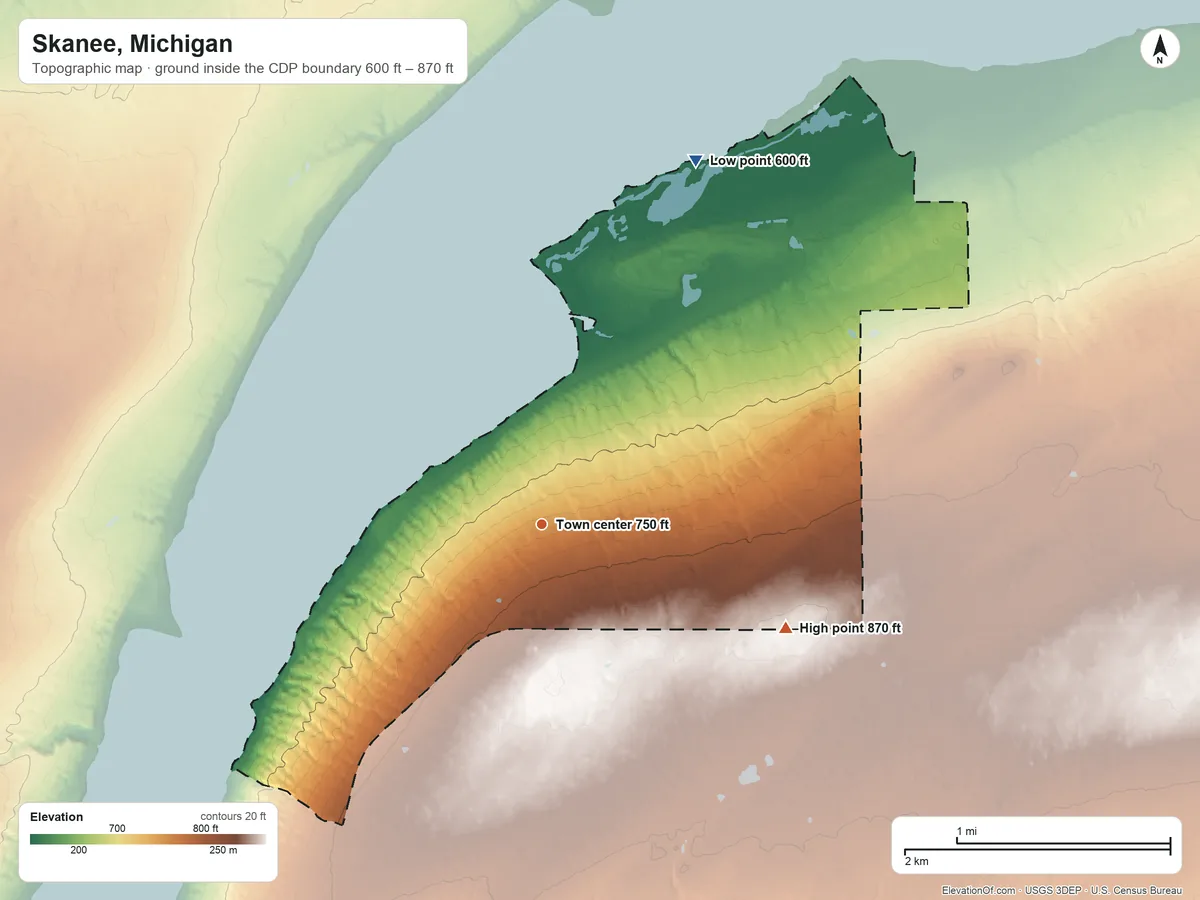 Topographic elevation map of Skanee, Michigan, shaded from 600 ft on the northeast side to 870 ft on the southeast side