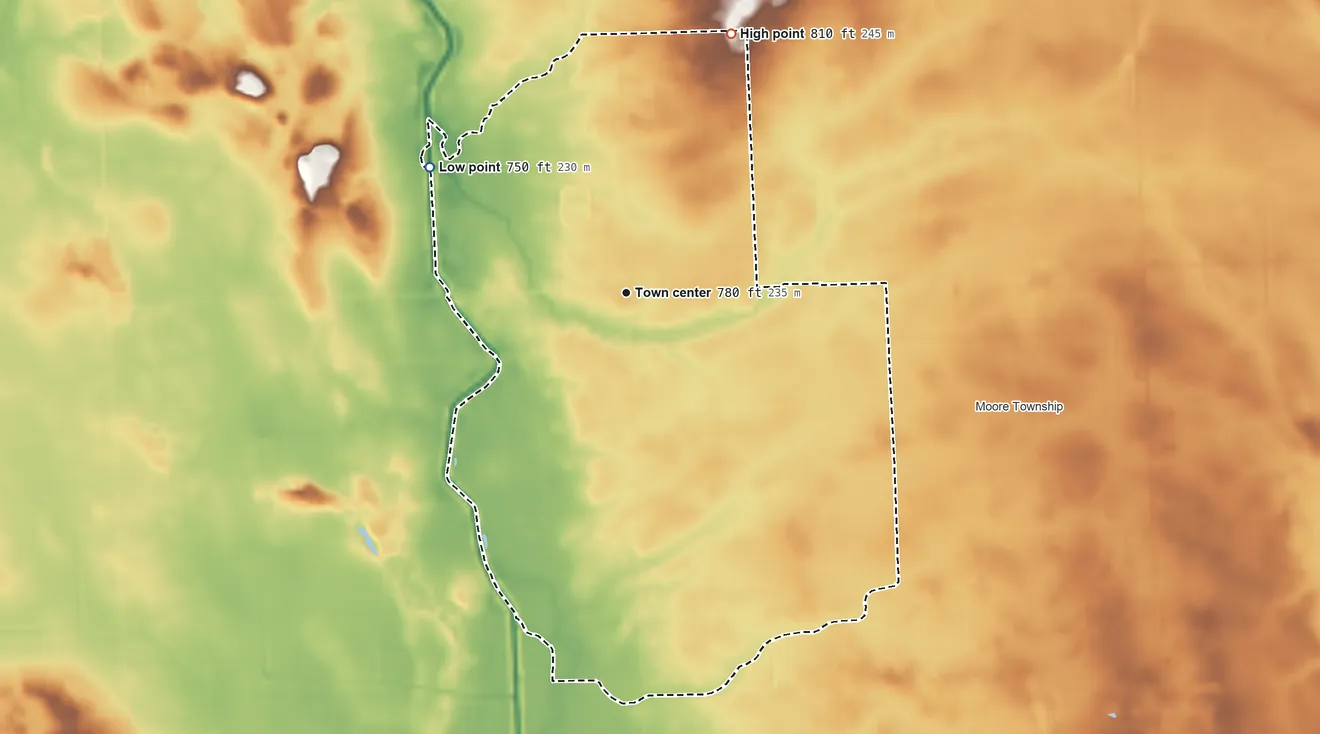 Topographic elevation map of Snover, Michigan, shaded from 750 ft on the northwest side to 810 ft on the north side