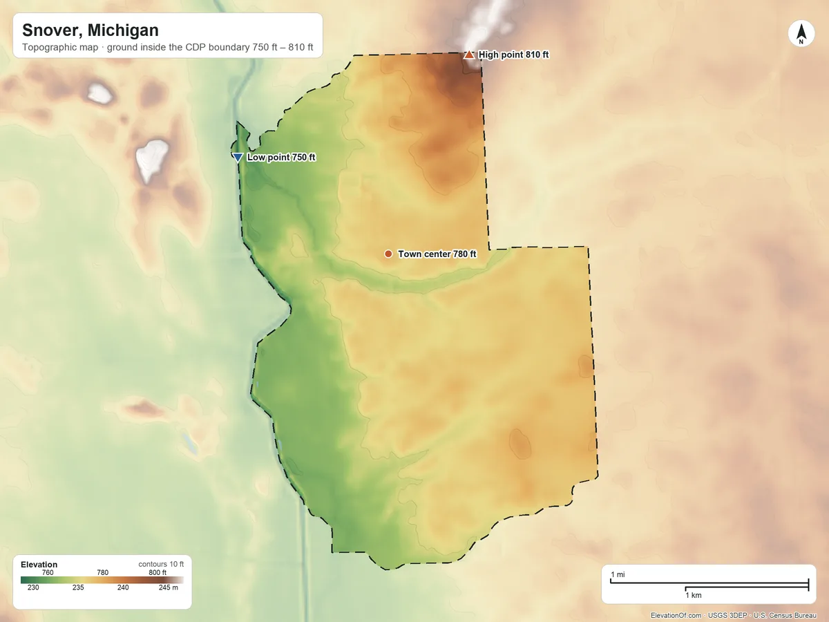 Topographic elevation map of Snover, Michigan, shaded from 750 ft on the northwest side to 810 ft on the north side